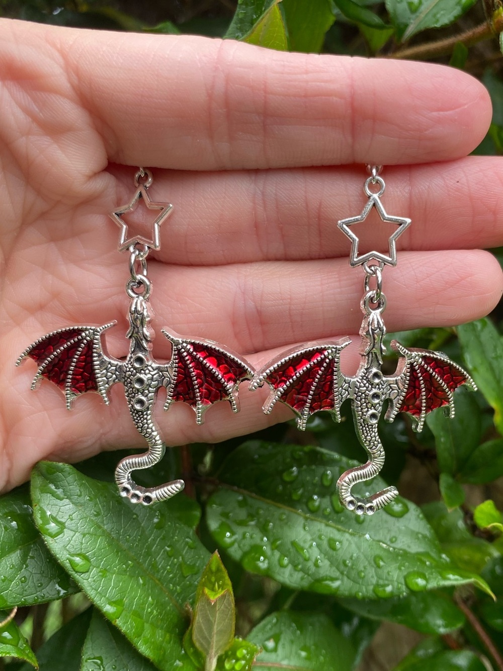 Vintage inspired Dragon Earrings Silver tone  with Red Enamel Wings NWT